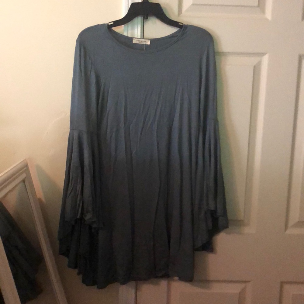 Slate blue bell sleeve dress